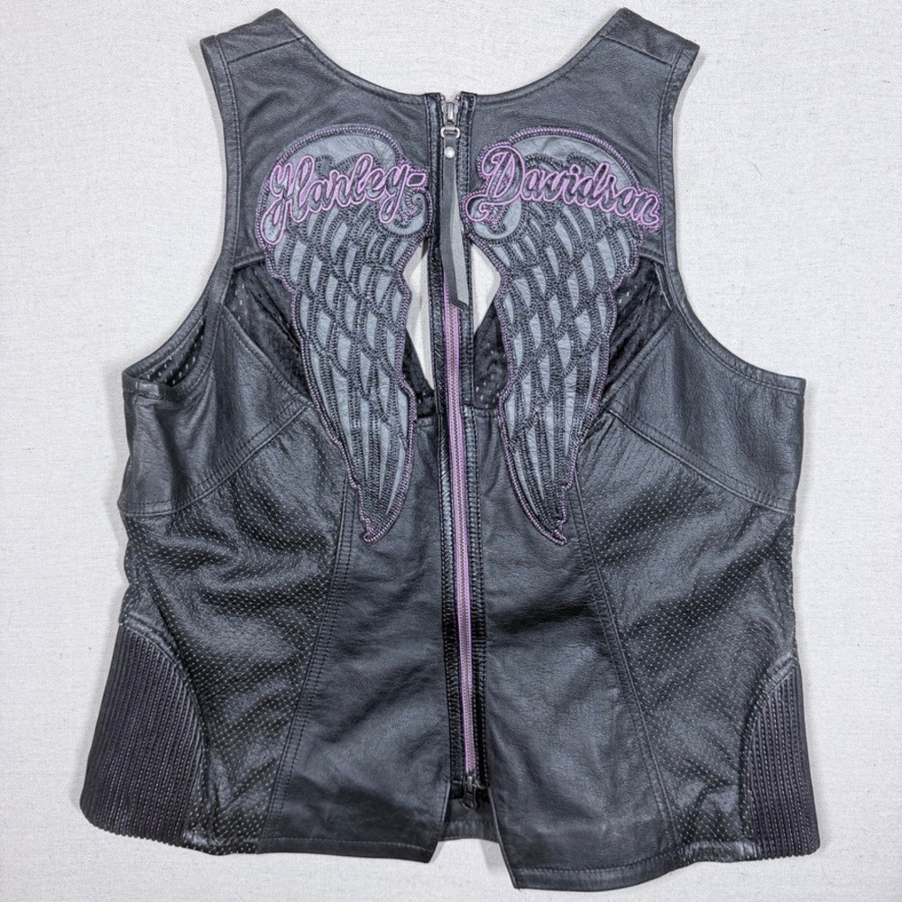 Harley Davidson Night Angel Womens XL Black Leather Vest 97005-14VW Purple Wings - Picture 3 of 11